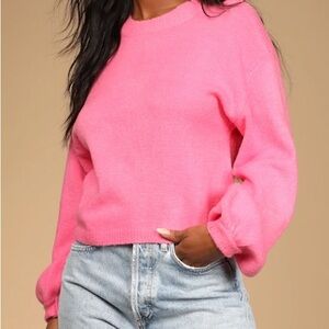 Lulus Bright Eyes Neon Pink Balloon Sleeve Sweater